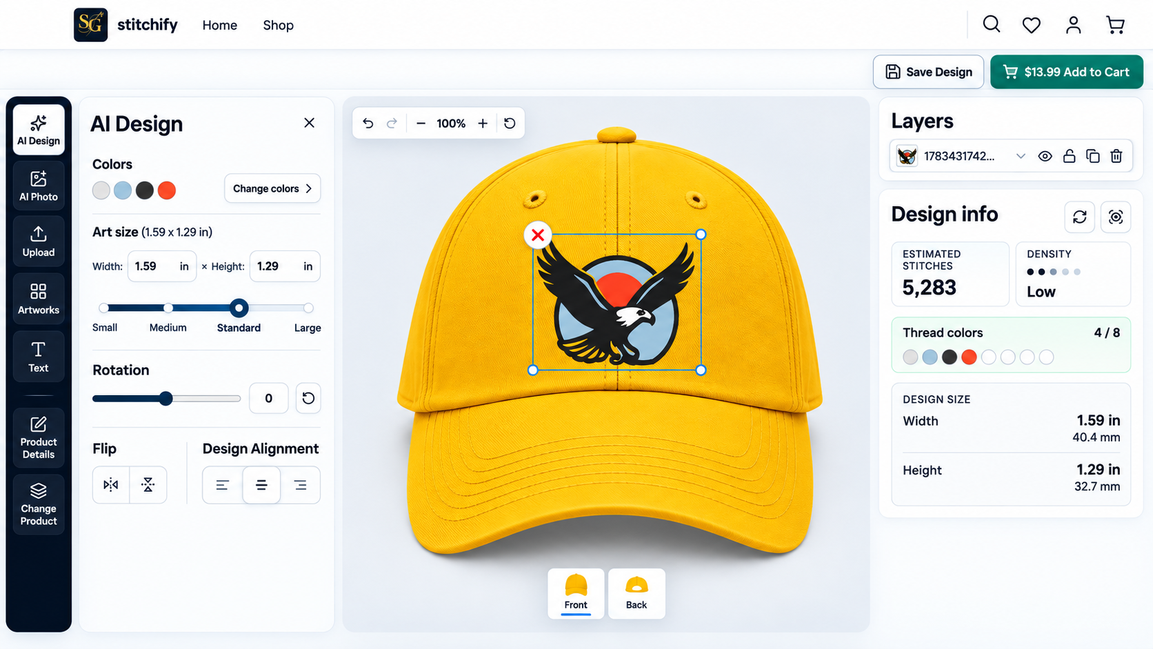 Stitchify embroidery designer with AI generation, templates, and live cap preview